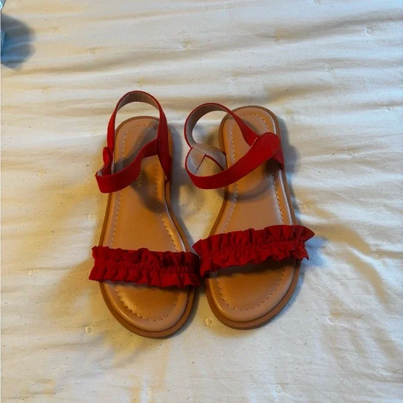 Red Ruffle Strap Flat Sandals - Picture 2 of 2